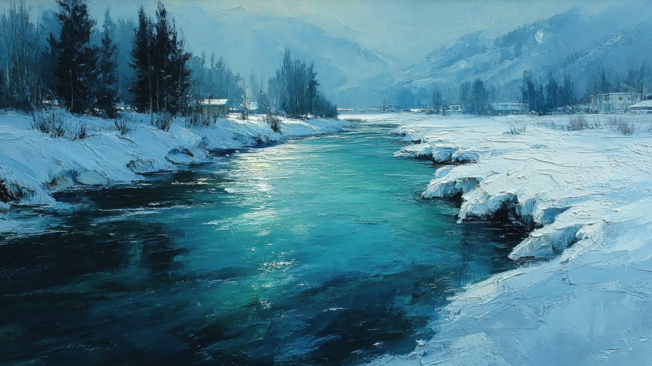 Frozen River Serenity | 1 Hour Winter Blue 4K Oil Painting TV Wallpaper Ambience