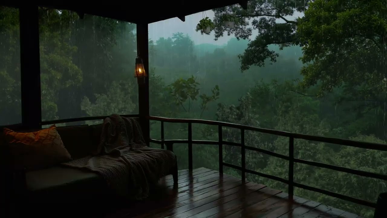 Soothing Balcony Cabin in The Tropical Forest on Rainy Day | Rain and Thunderstorm to Deep Rest