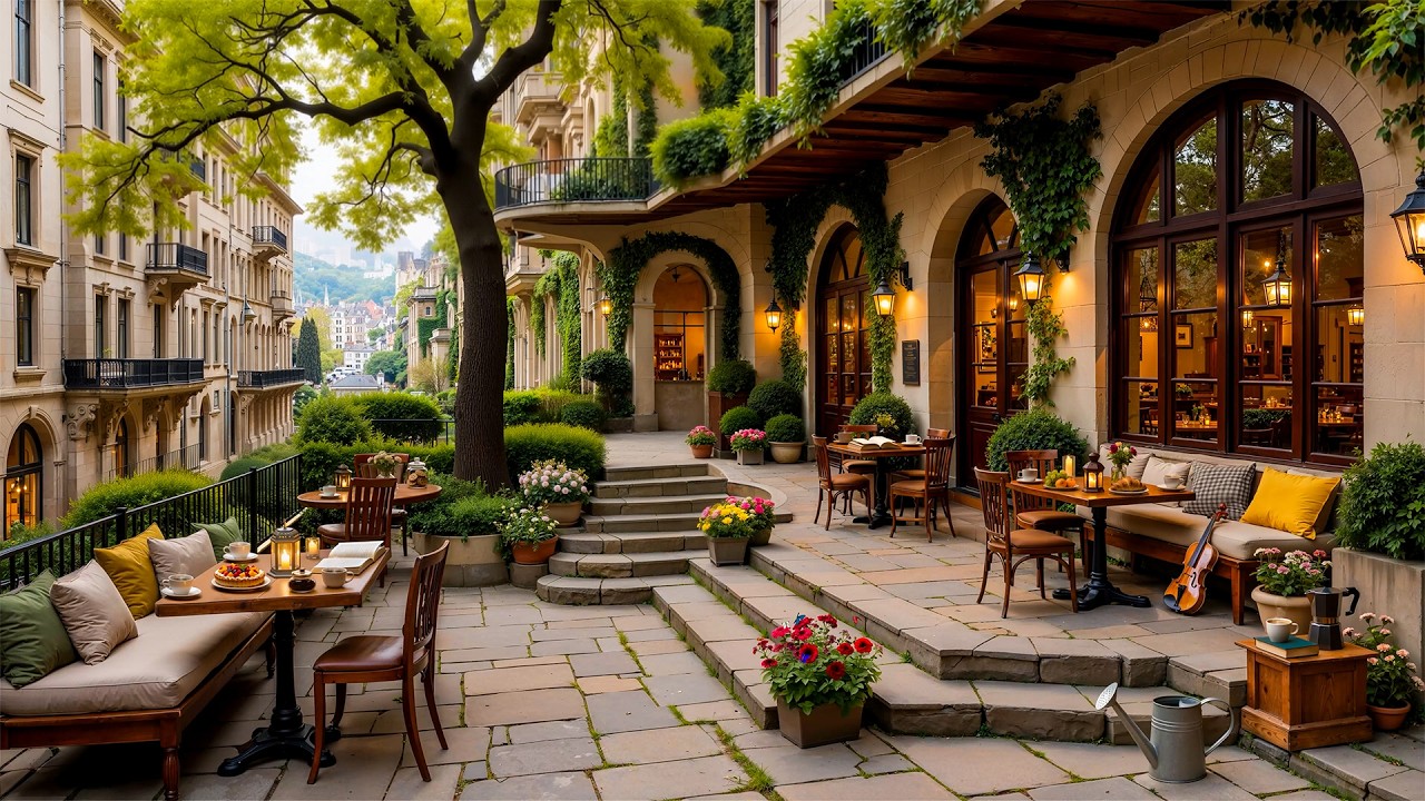 Outdoor Coffee Shop Ambience & Smooth March Spring Morning🌸Relaxing Jazz Instrumental Music for Work