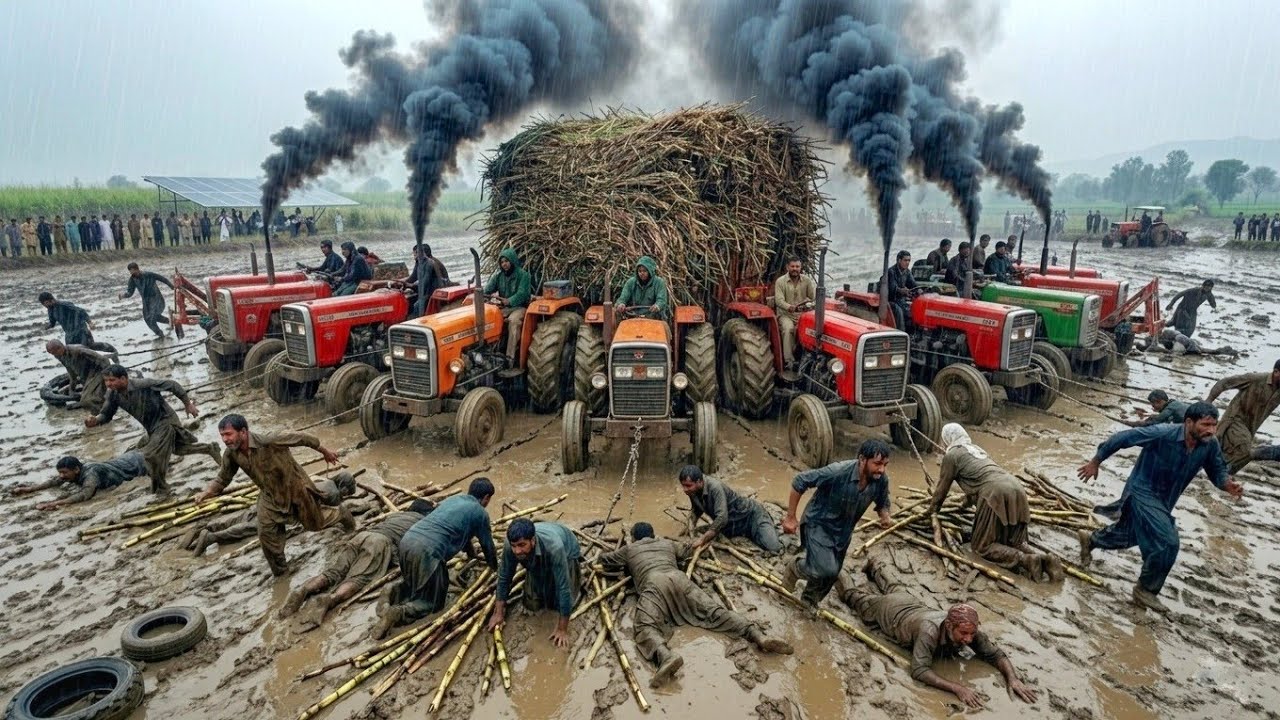 ​Massey Ferguson 385 Extreme Mud Pulling | 2 Tractors Pushing Overloaded Sugarcane Trolley in 4K 