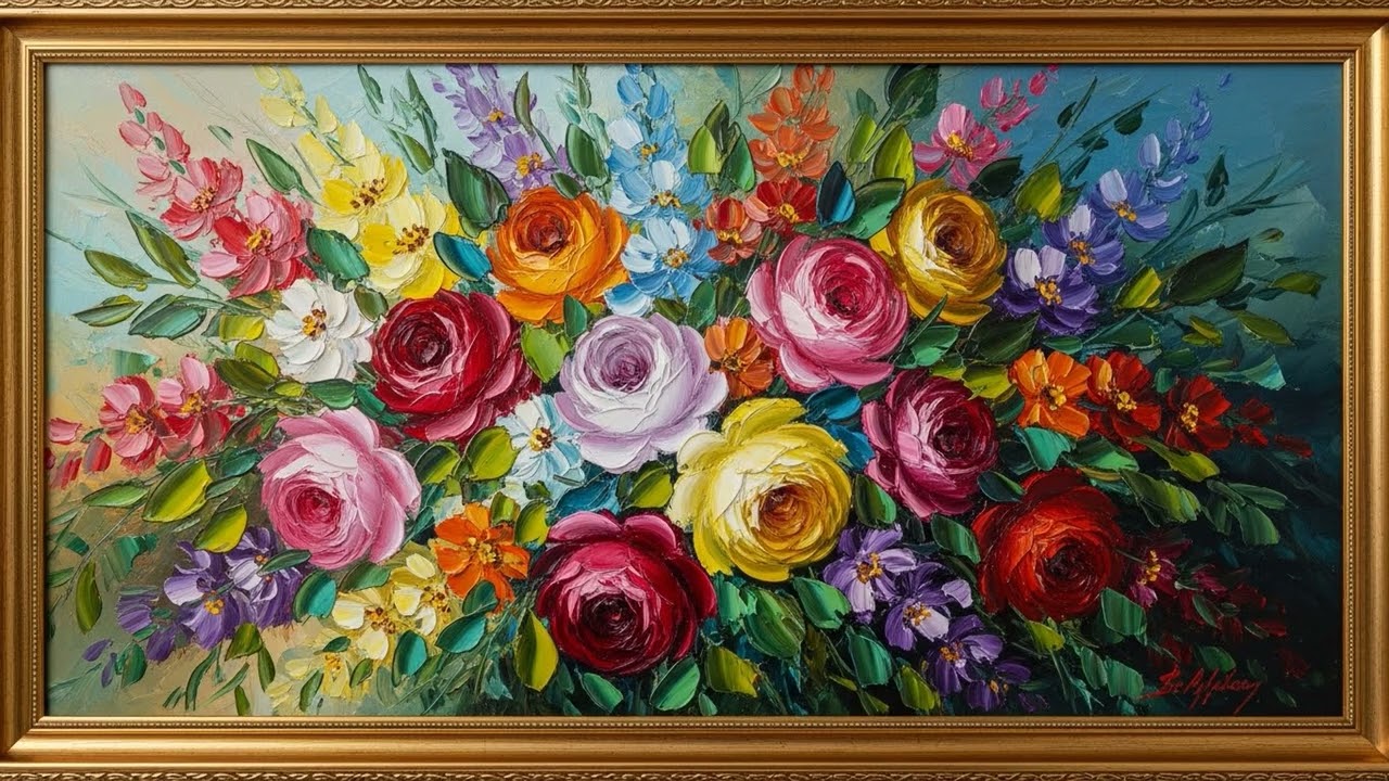 Colorful Roses Vintage Oil Painted V SCREEN | Gold Frame TV Art | Art Screensaver for TV 3 Hrs