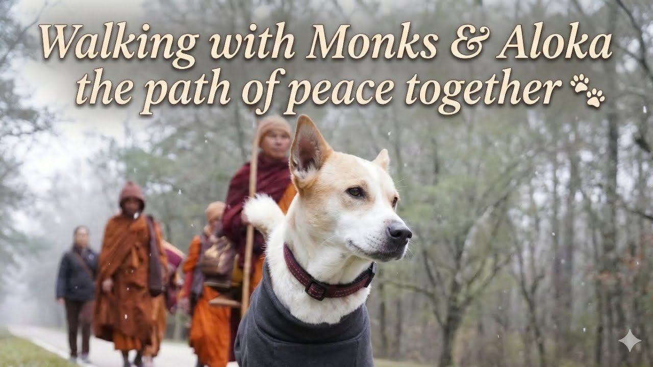 Walking with Monks & Aloka the path of peace together 🐾#Aloka #alokapeacedog #alokathedog  #buddha