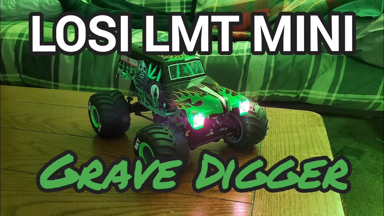 Losi LMT Mini Grave Digger. Unboxing, First Drive, Speed Test, and Bash!