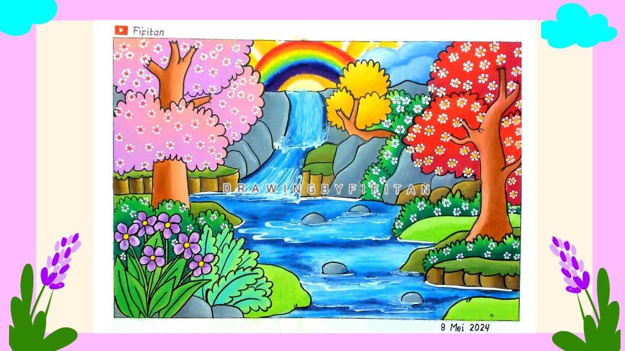 Cara Menggambar pemandangan Air terjun ep 524
