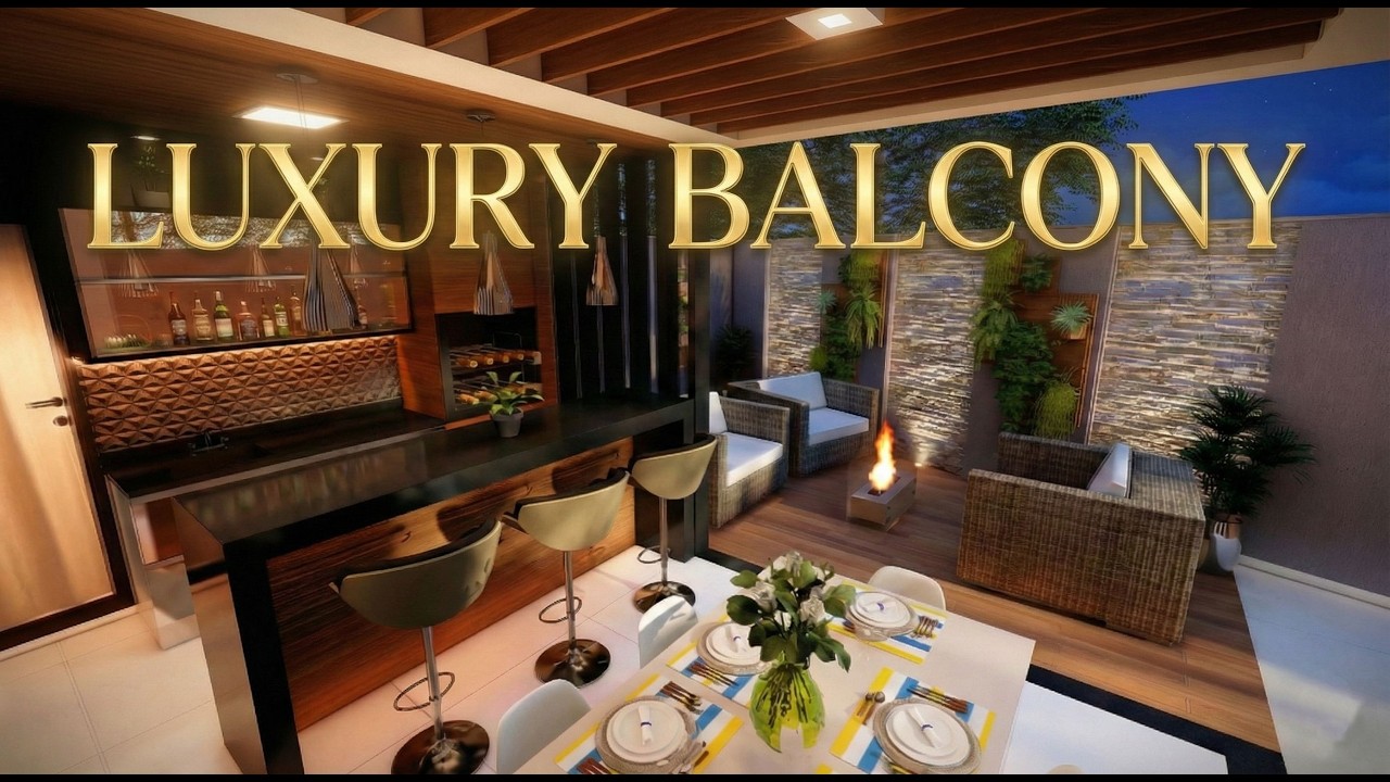 Luxury Modern Gourmet Balcony | Warm Wood, Black Accents & Floor Fire Pit Design