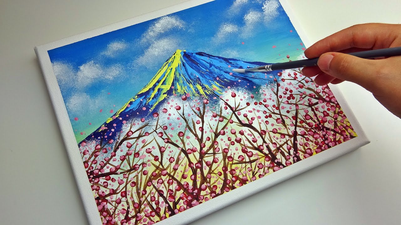 Acrylic Painting step by step | Mountain View with Cherry Blossom | Tutorial For Beginners #2