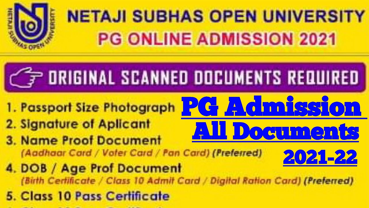 NSOU PG Admission 2021-22 All Documents Required || Netaji Subhas Open University Admission