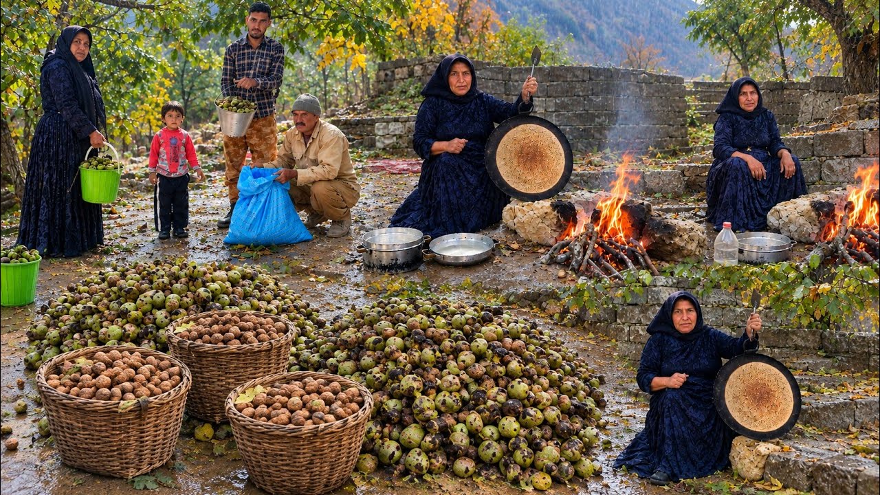 IRAN Nomadic life: 🌰Gathering Wild Mountain Walnuts |🏡 Nomads&rsquo; Hard Struggle for Survival in Winter🌦