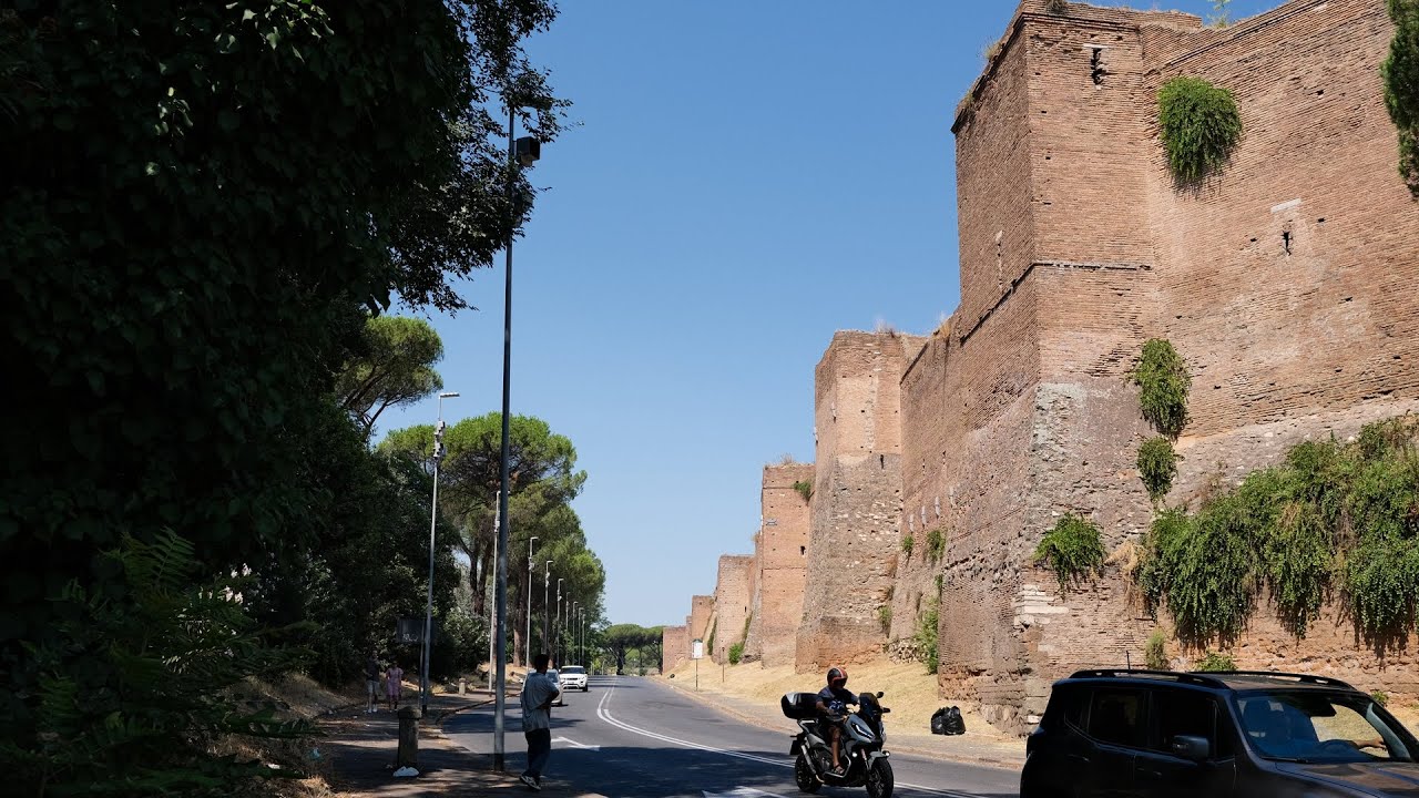 Walk in the sun along the Aurelian Walls in the Appio-Latino district. Rome, ITALY. Slow TV | 4K HDR