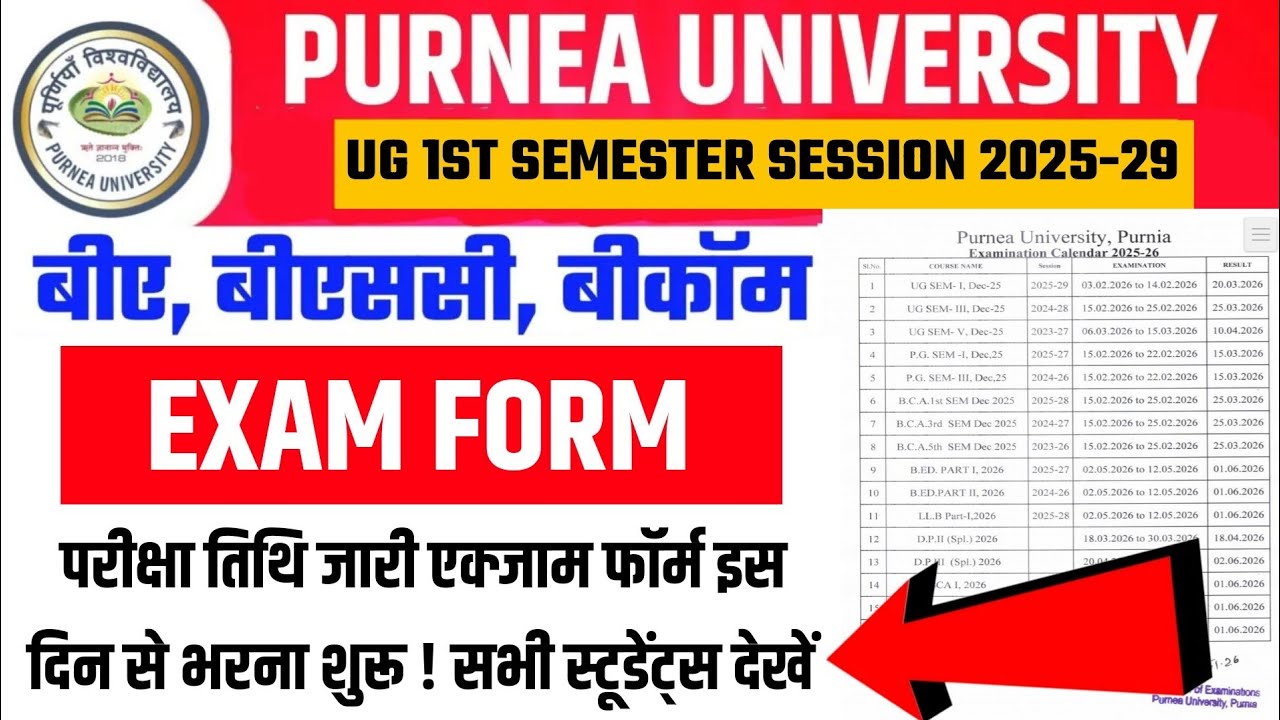 Purnea University UG 1st Semester Exam Form 2025-29 | Purnea University UG Exam Form Date 2025-29