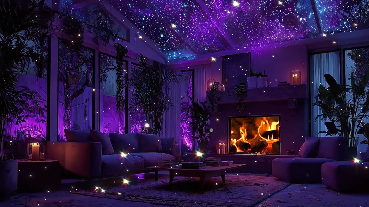 Chill Piano & Fireplace Ambience in a Purple Room  Deep Relaxation & Stress Relief