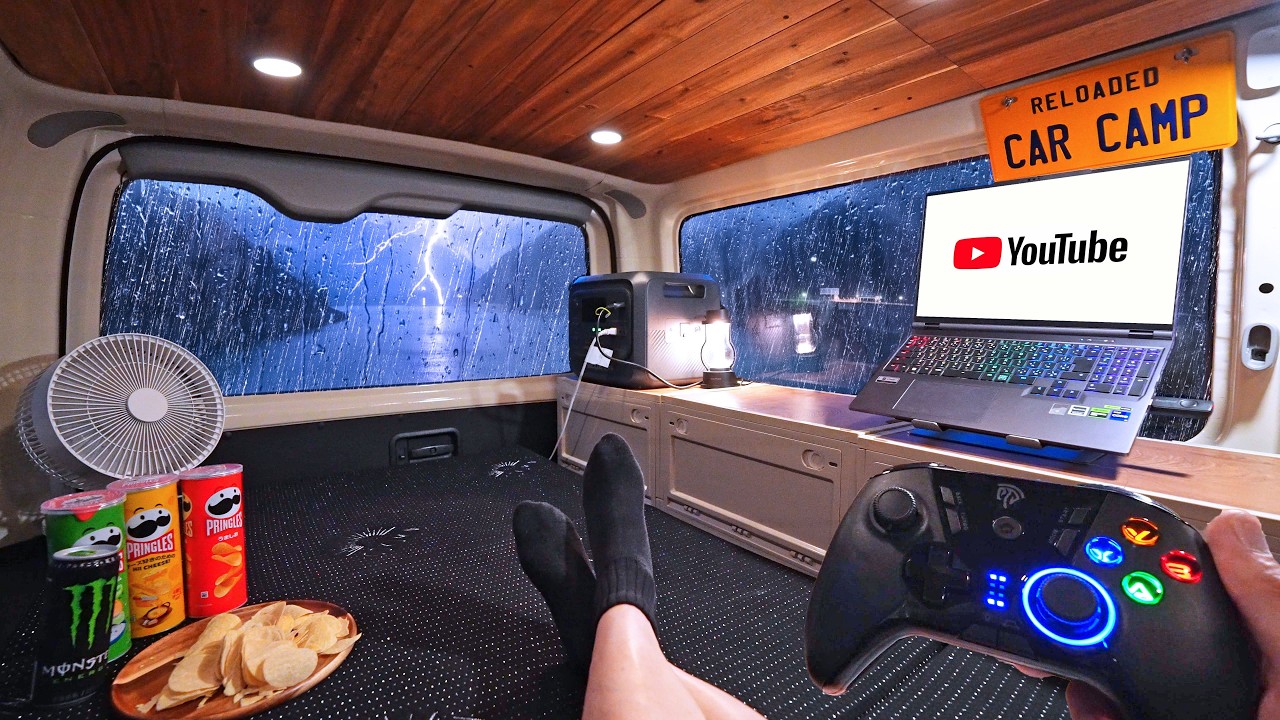 Comfortable Solo Gaming Car Camping in Heavy Mountain Rain.