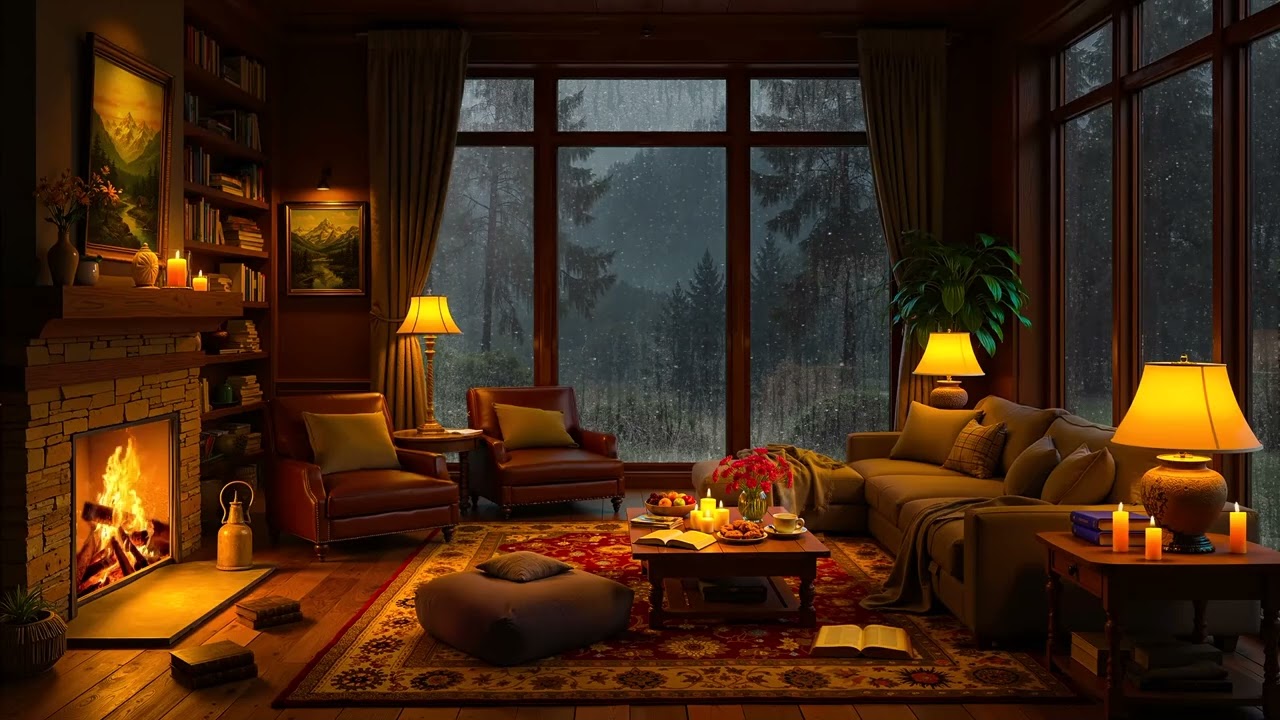 Cozy Cabin Ambience 🔥 Relaxing Jazz Music with Rain Sounds & Crackling Fireplace to Study, Sleep
