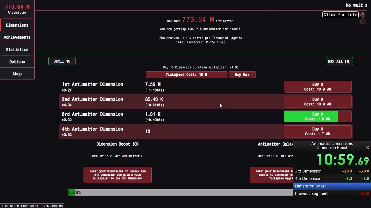 Antimatter Dimensions Dimension Boost % Speedrun [20:08]