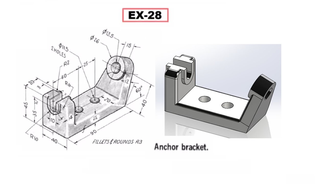 Solidworks tutorial of Ex 28 Anchor Bracket Geometric Shape from Second Assignment of LearnVern