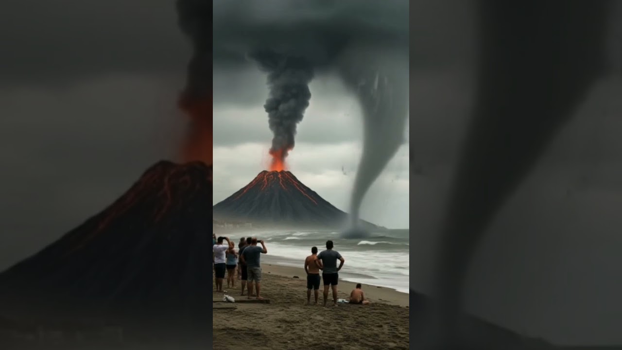 A giant Tornado near a beach with a spectacular view of volcano erupting in distance