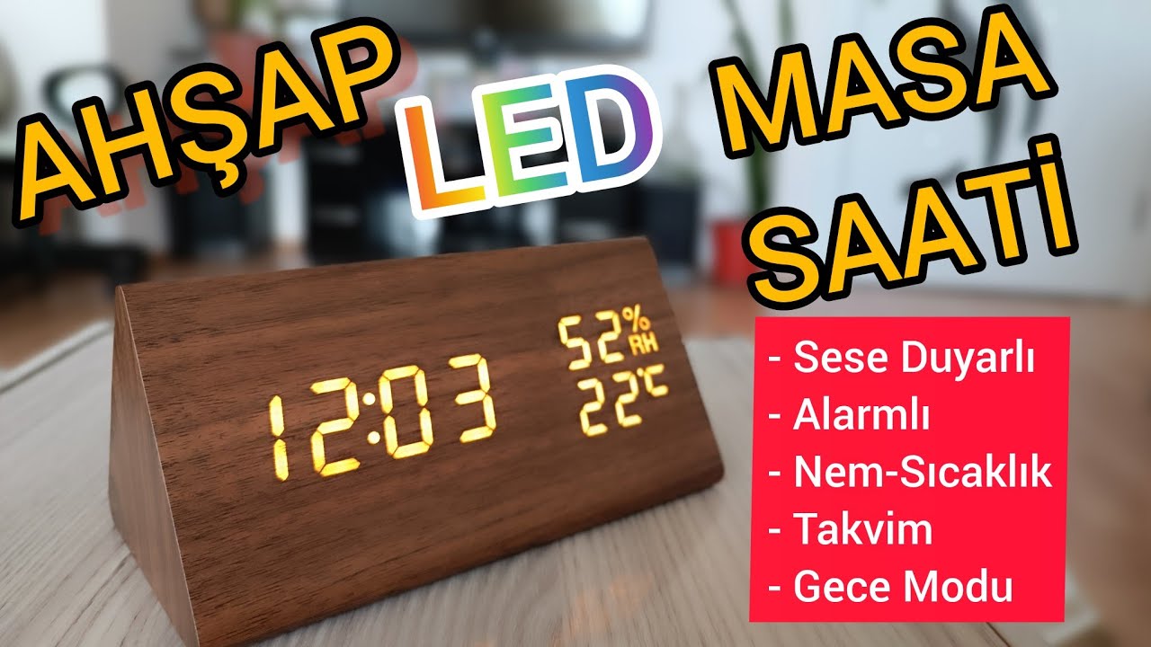 Ahşap LED Masa Saati Sese Duyarlı Alarmlı Nem ve Sıcaklık Ölçer
