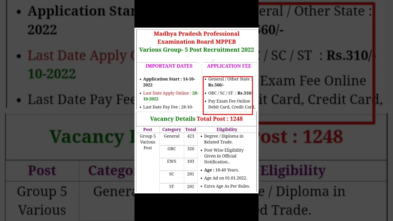 mppeb । 2022&nbsp;Madhya Pradesh Professional Examination Board । Various Group- 5 Post Recruitment 2022