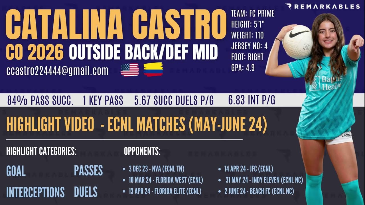 Catalina Castro (2026) - DM/OB - Soccer Highlights ECNL May-June 2024