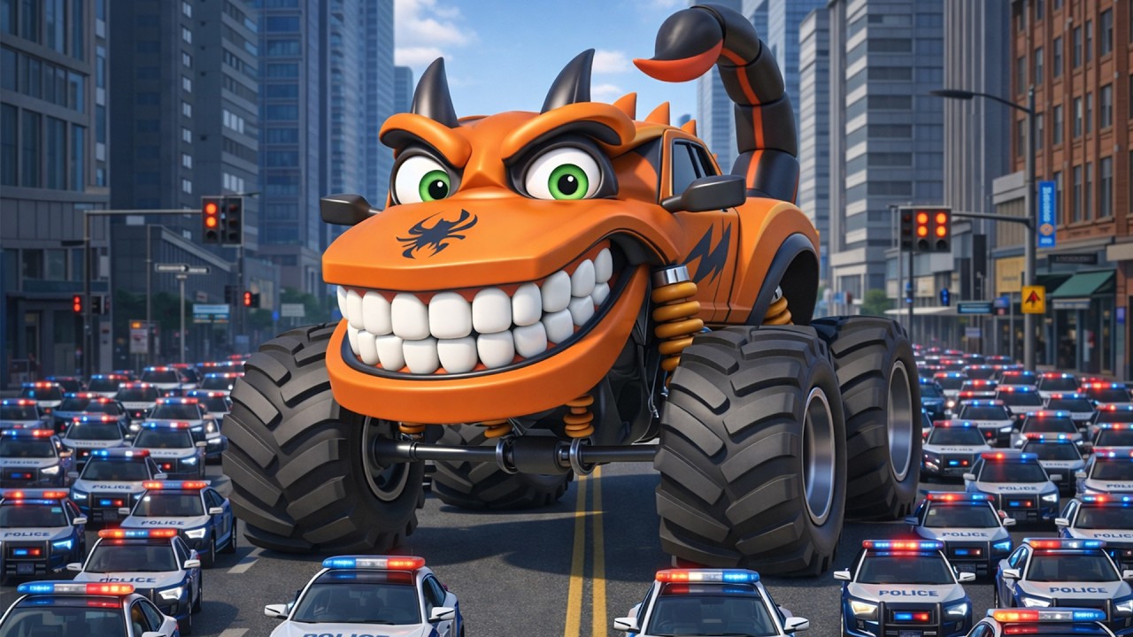 Scorpion Truck Trapped 🦂 Police Blockade 🚓 Extreme Standoff 🔥 Can It Outrun Them? ❓| Funny Animation