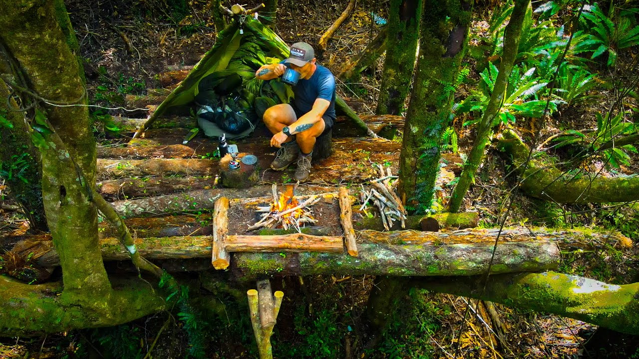 Bushcraft Survival | Tree-Shelter Build + Fire Platform in the Wild