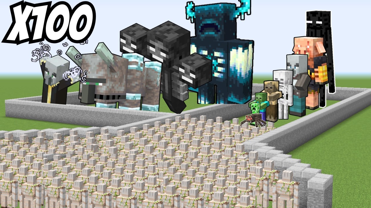 100 IRON GOLEM DEATHRUN (ALL MOBS x100) - Minecraft Mob Battle