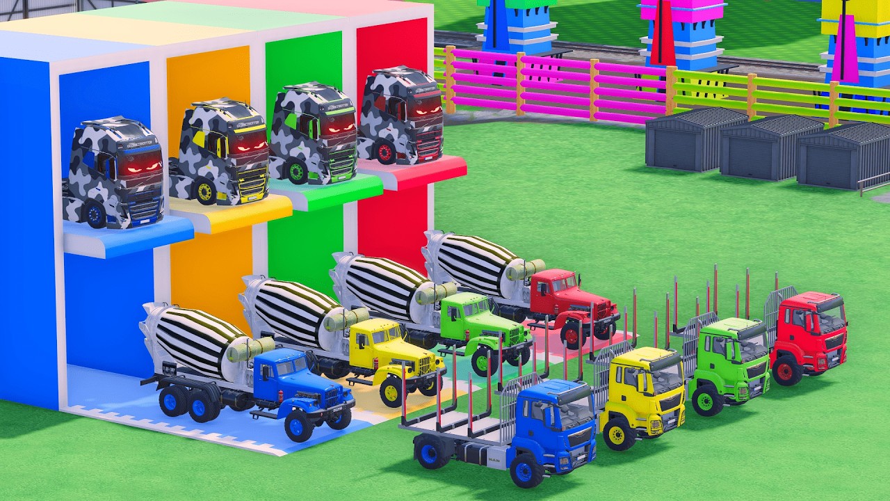Garage with Colors - ALL MIXER TRUCK WITH DOUBLE FLATBED TRAILER TRUCK, VOLVO, MAN, KRAZ, FS22