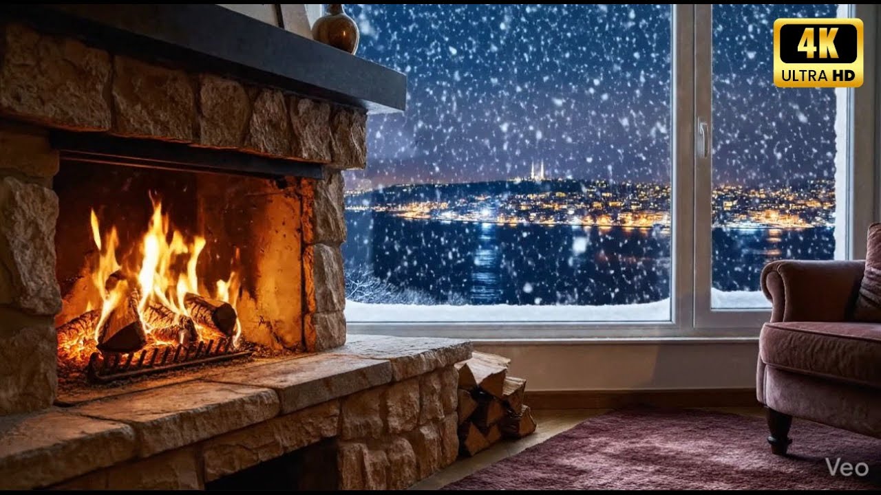 Snowy Bosphorus Night ❄️🔥 | Cozy Fireplace Ambience for Relaxation, Sleep & Peace