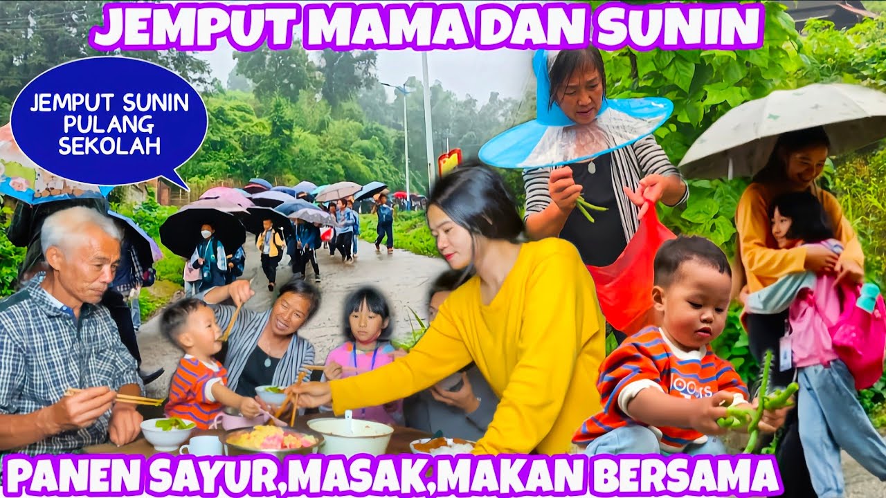 KELUARGA LENGKAP MAMA DAN SUNIN KE DESA,PANEN SAYUR,MASAK,MAKAN BERSAMA