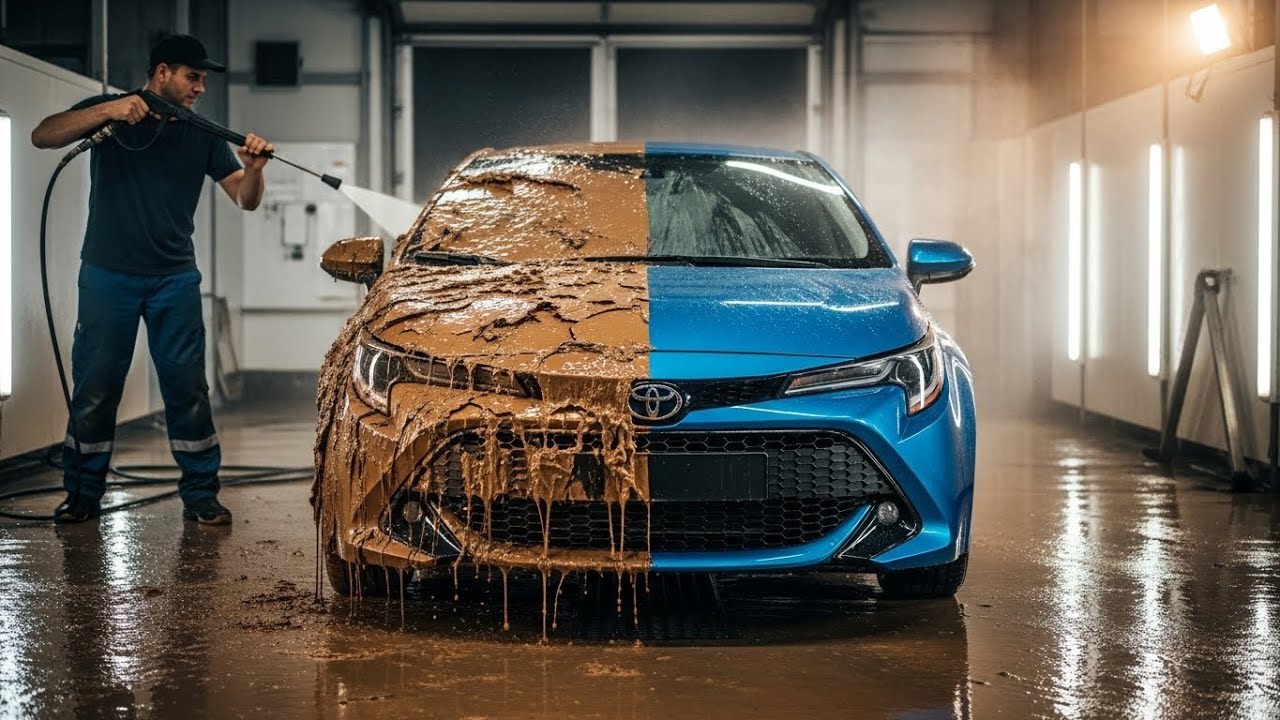 Satisfying High-Pressure Car Wash 🚿 Blue Toyota Corolla & Bus Covered in Extreme Mud