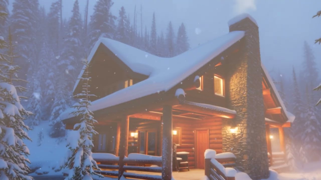 Lost in a Snowy Forest ❄️ Warm Cabin Lights & Night Stream Sounds Midnight at the Winter Cabin 🌙