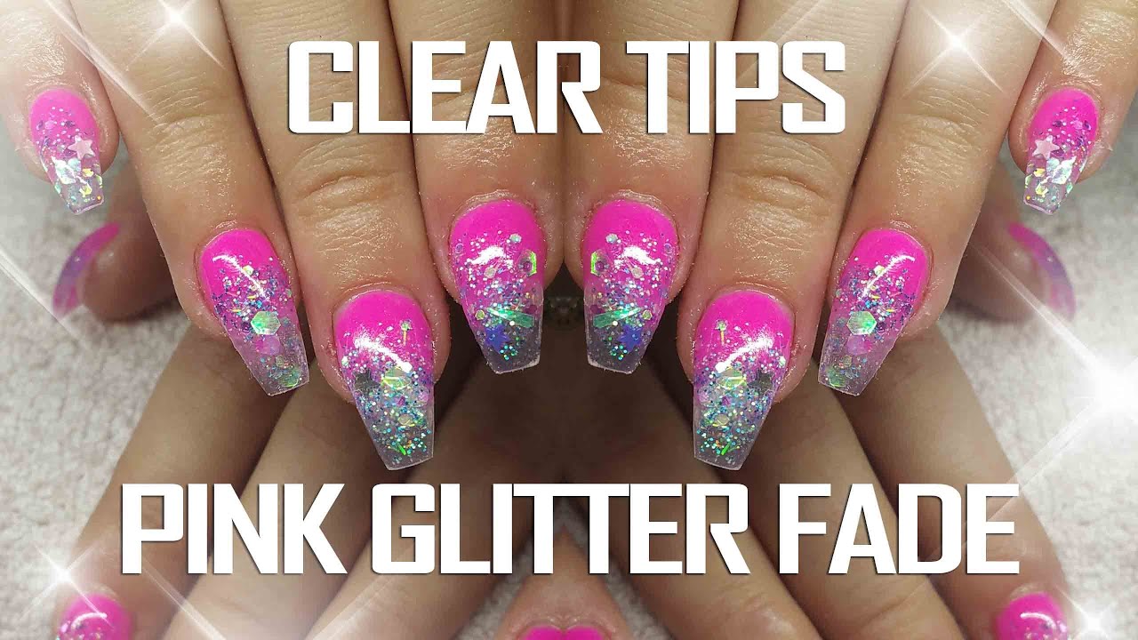 Pink Glitter Gradient clear nails | Glass tip coffin or bellerina shape nails