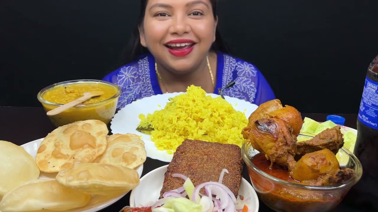 Bigbites, Eating Vetki Chingri Melbondhon, Luchi, Cholar dal, Basonti polao, Spicy Chicken Kosha।।