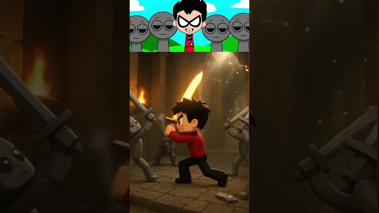 incredibox sprunki- Robin is fighting with sword in ancient temple 