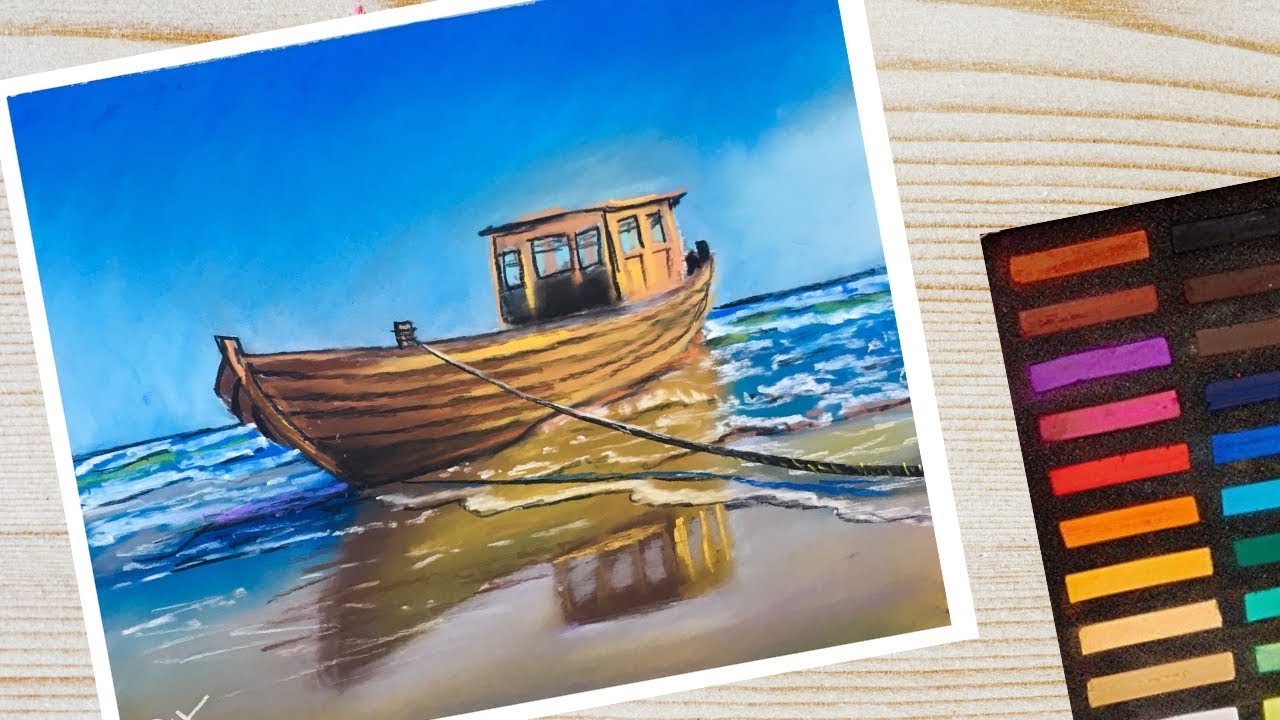 Easy boat drawing with soft pastels | Seascape Drawing | P V Hanumanthu Art