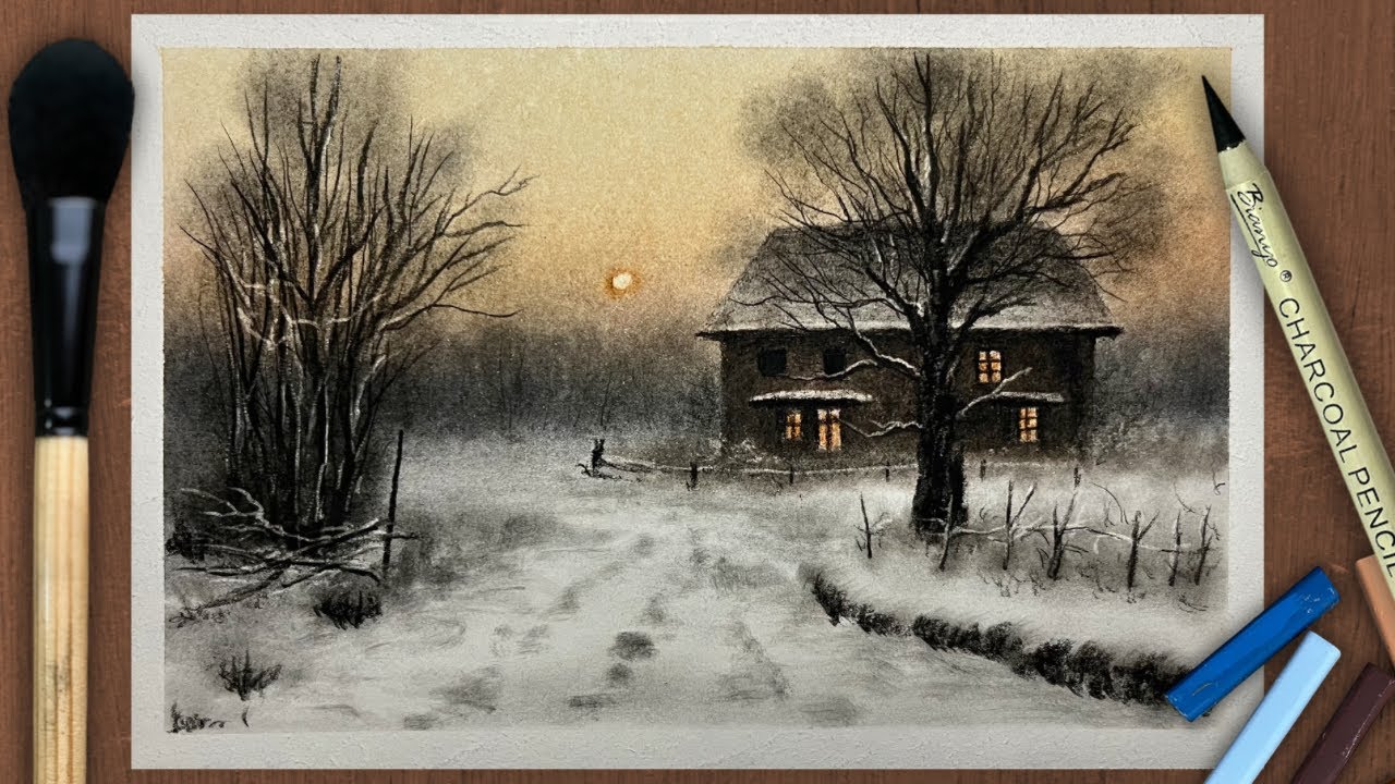 Realistic Winter Night Scenery Drawing | Soft Pastel & Charcoal
