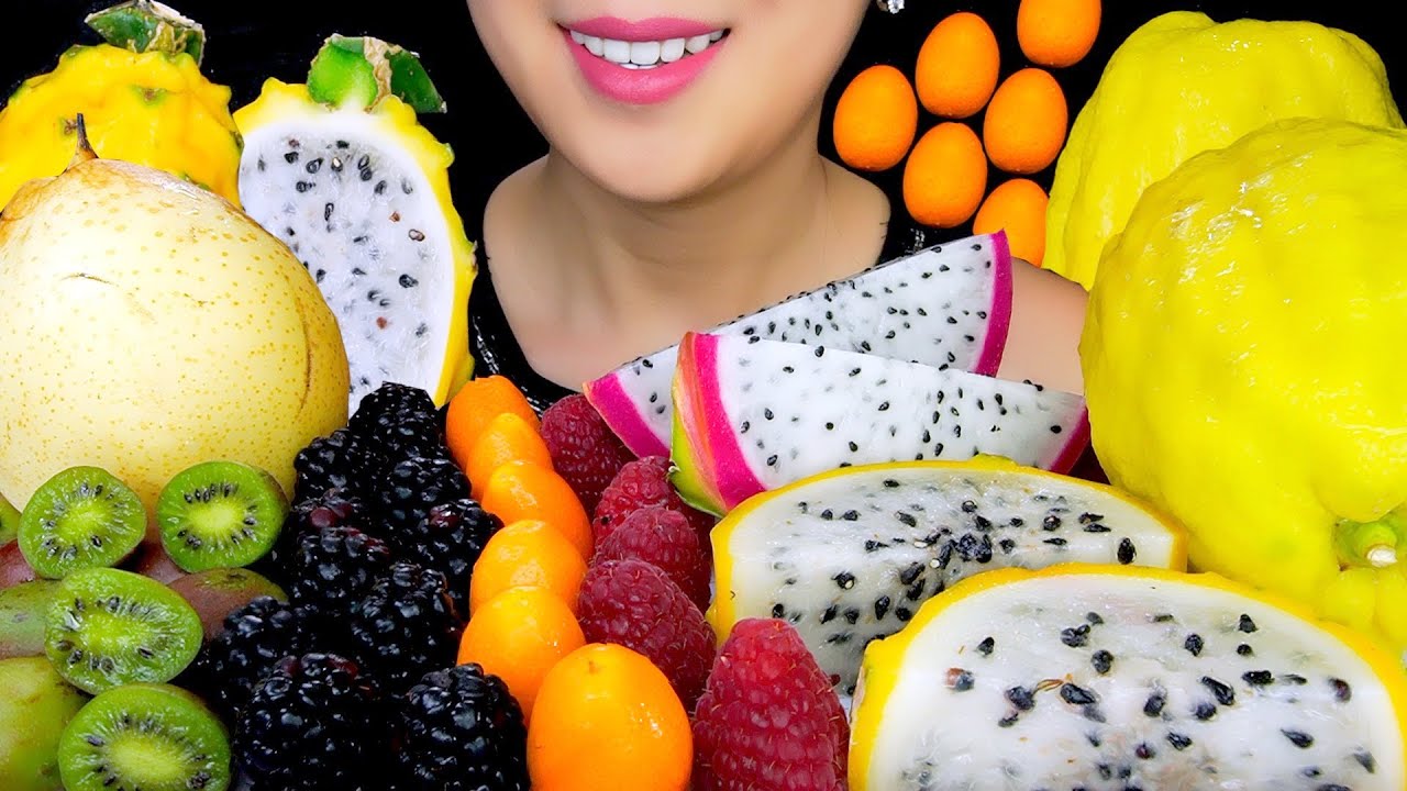 FRUIT Platter ASMR:YELLOW DRAGON FRUIT, KIWI BERRIES, PEAR | Healthy Eating | TracyN ASMR