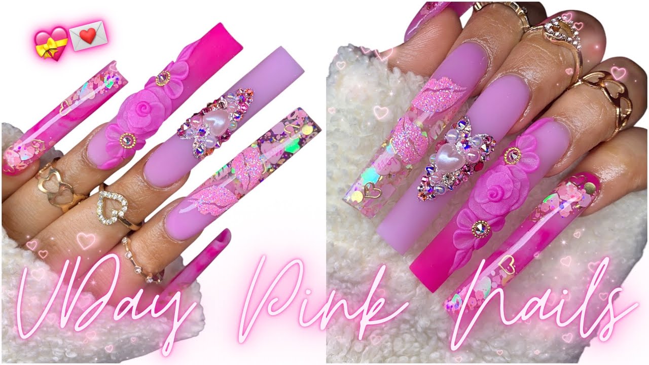 PINK VALENTINES NAILS💝/ GLITTER FRENCH & 3D ROSES/ VALENTINES NAILS  INSPIRATION