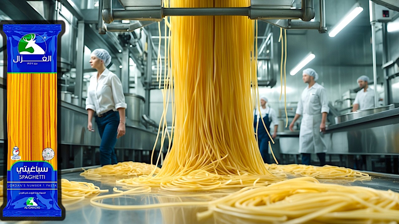 كيف تُصنَع المعكرونة في المصنع 🍝- طريقة إنتاج سباغيتي المعكرونة في المصانع🍝