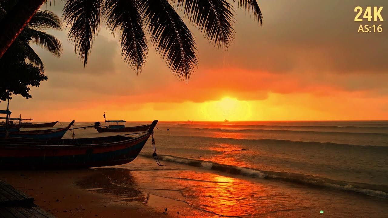 NOW STREAMING 🎥 Peaceful Rain on Beach with Boats | Relaxing Waves & Rain Sounds Cinematic 4K