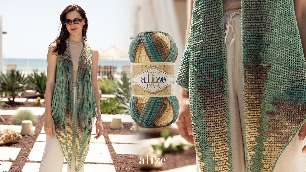 Жилет с обратным вязанием крючком с Alize Diva