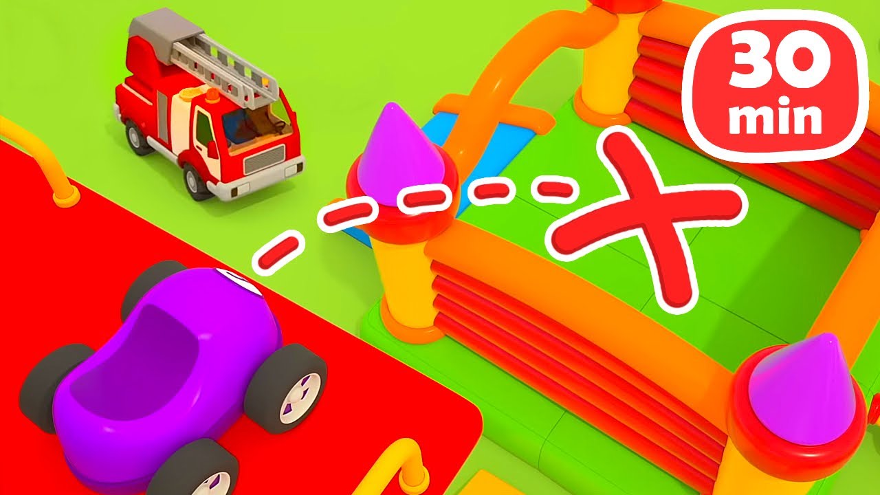 The small racing car needs help! The fire truck saves colorful racing cars at the construction site.