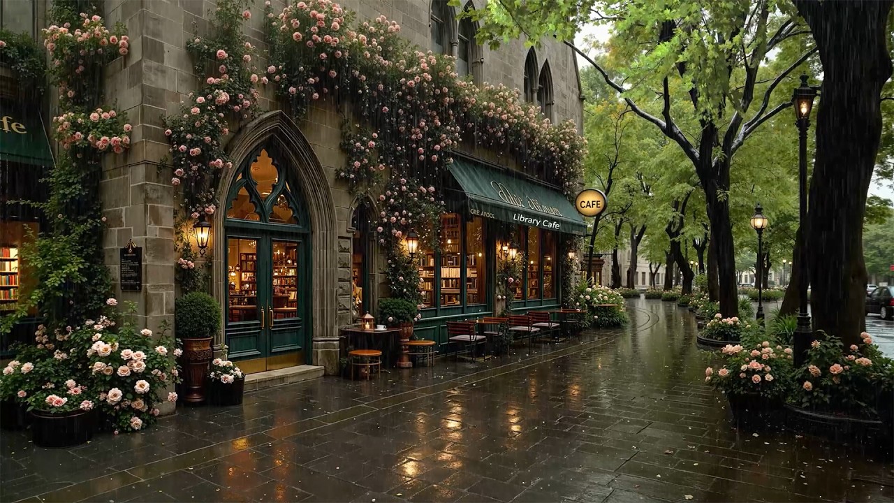 Relaxing Rainy Day Jazz on a Vintage Spring Library Café Street 🌧️ Rain Sounds for Study & Calm Mind
