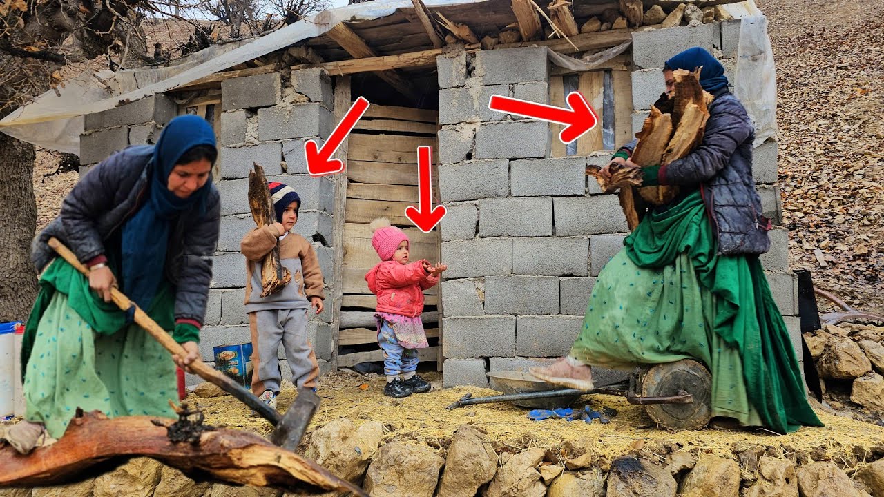 A mother's determination on a hard rainy day: chopping firewood to heat the shelter