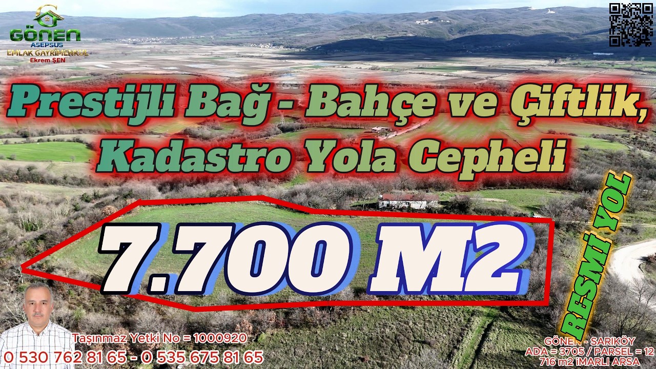 7.700 m² Prestijli BağBahçe ve Çiftlik, Kadastro Yola Cepheli