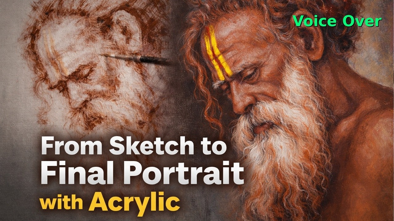 How to Paint from a Sketch to a Final Portrait with Acrylic Voice Over by Debojyoti Boruah