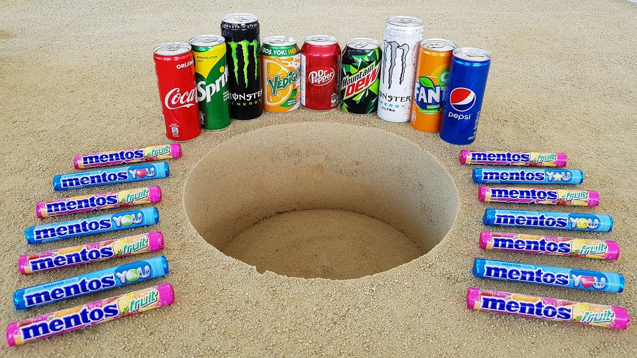 Coca Cola, Sprite, Fanta, Monster, Pepsi, Mtn Dew, Yedigün and Fruity Mentos Underground