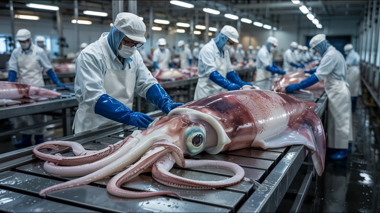 Catching and Processing Giant Jumbo Squid | How Fishermen Harvest This Deep Sea Monster 🦑
