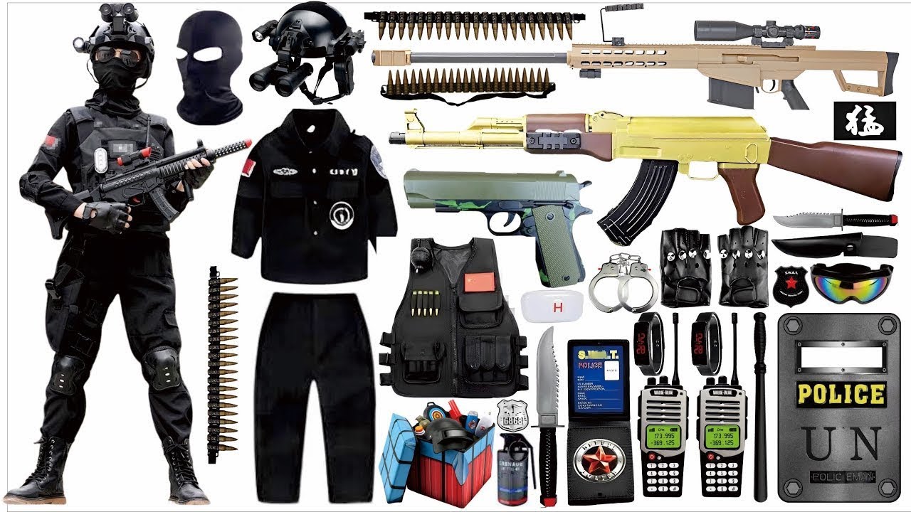 Special police weapon toy gun set unboxing, Barrett sniper rifle, golden AK47, UZI submachine gun