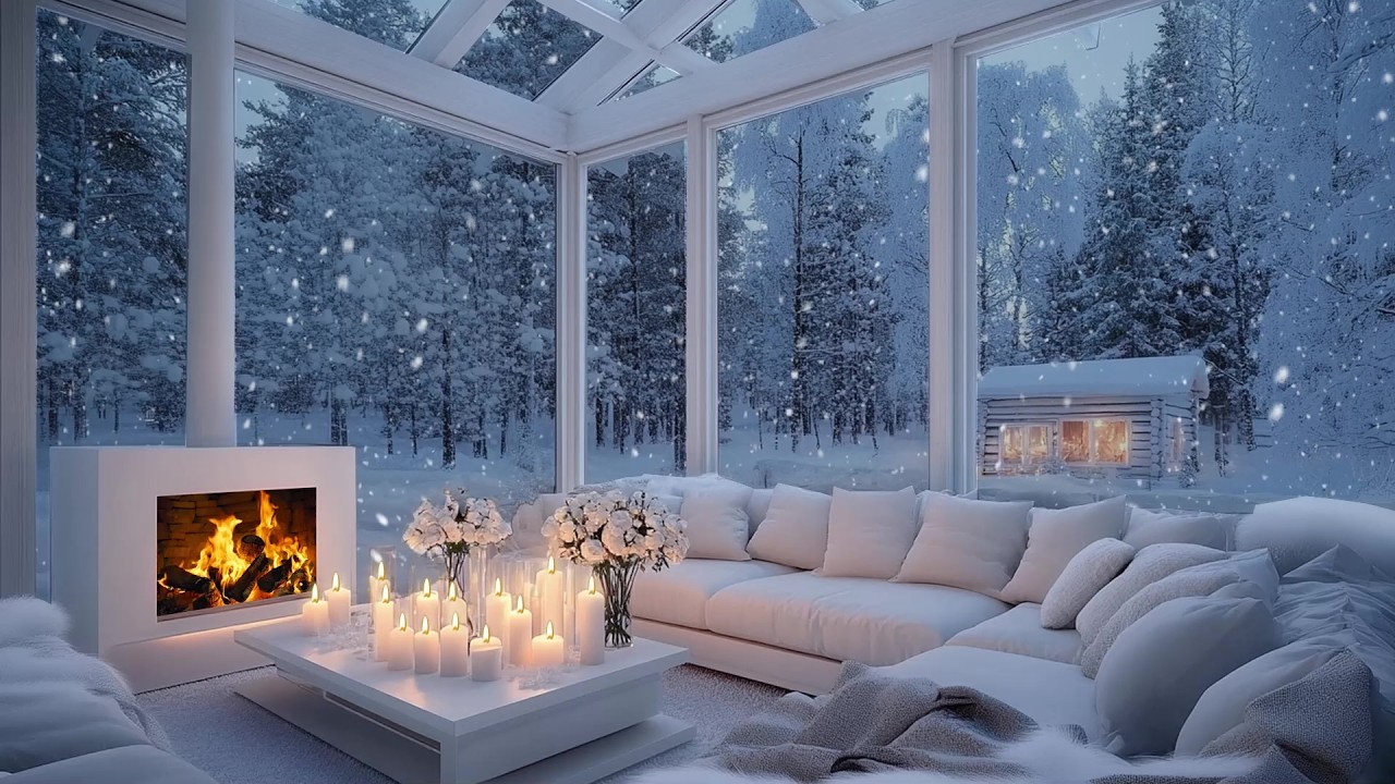 🪟🎶 Panoramic Snow Piano Retreat | Firelight Glow & Elegant White Garden Flowers | Peaceful Nights